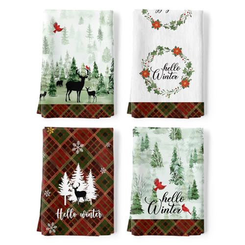 Arquiel Winter Pine Tree Tea Towels Set of 4, 100% Cotton, 18.9 x 27.5 Inch