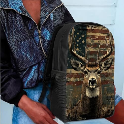GIFTPUZZ Deer Boys Backpack with Lunch Box Pencil Case and Water Bottle Cover American Flag Backpack 10-12 for Sport School Cool Kids Bookbag Boys with Large Water Bottle Cover 4pcs3