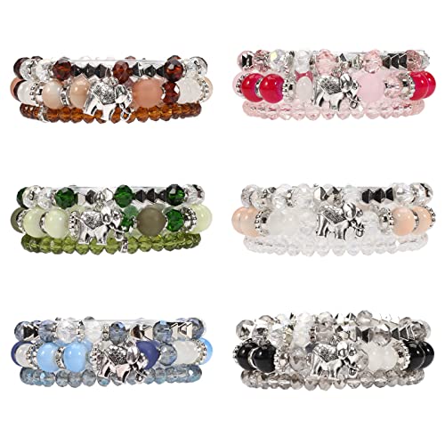 Solosoya Bohemian Stackable Bracelets Set for Women Multipack Girls Elastic Rope Multilayer Stack Beads Stretch Beaded Boho Tassel Bracelets with Silver Handmade Elephant Charm Ladies Accessories 6 Pack