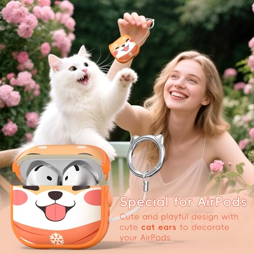 Image of for AirPods 4 Case with Cleaning Kit, Cute Cat Ear Print Design & Cute Buckle, Inverted Phone Holder Design, Top Safe Lock Buckle Design, for Girls AirPods 4 case 2024, Orange Dog