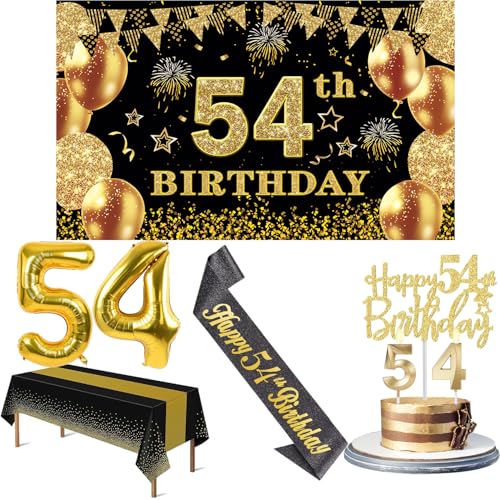 54th Birthday Decorations Men Women with 54th Birthday Banner, Black and Gold Table Cloth, Number Balloons, Large Sash, Cake Topper and Candles