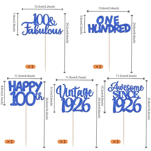Image of 15 PCS Blue 100th Birthday Centerpiece Sticks One Hundred Happy 100th Vintage 1926 Table Flower Centerpieces Sticks Cheers to 100 Fabulous Floral Decorations for 100th Birthday Party Supplies