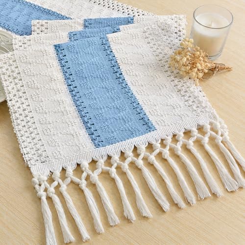 Image of FEXIA Summer Table Runner Light Blue for Home Decor with Tassels 72 Inches Farmhouse Long Rustic Table Runner Macrame Burlap Centerpieces for Tables Decoration for Baby Shower(12x72 Inches)