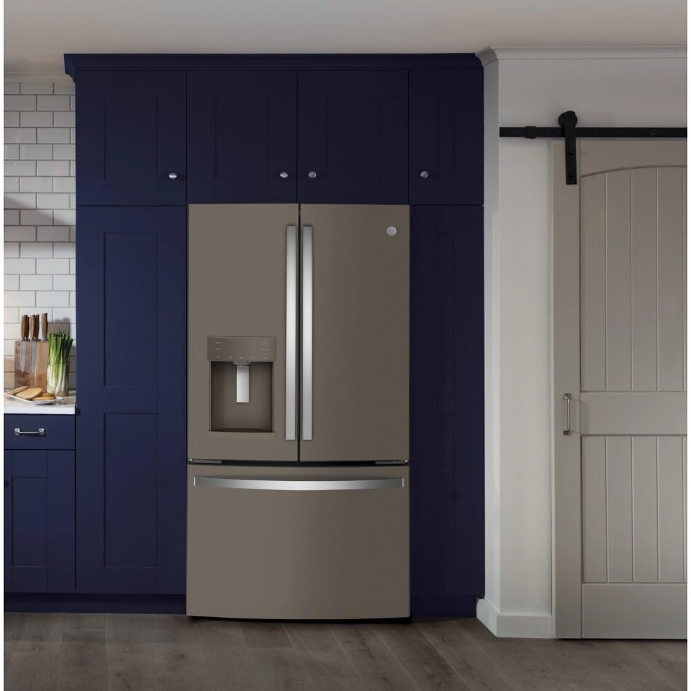 GE GYE22GMNES 36" French Door Counter Depth Refrigerator with 22.1 cu. ft. Total Capacity Space Saving Ice Maker Showcase LED Lighting in Slate on Fridge.com
