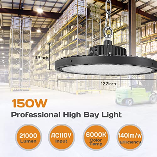 Iceko Kn [2-Pack] Ufo Led High Bay Lights,Led Shop Light 150W/21000Lm/6000K/(Eqv.400W Hid),With Hanging Chain,Safe Rope,6Ft Power Cable&Plug,For Barn,Garage,Warehouse,Basement,Workshop,Wet Location #TOP6