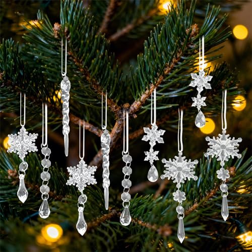 Pruadeor 10 Stück Kristall Ornament Set, Acryl Schneeflocke Eiszapfen...
