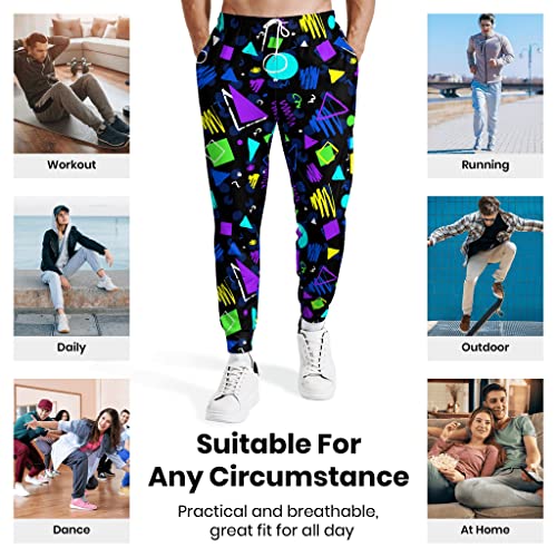 Qingxun Mens Lightweight Pockets Casual Sports Workout Running Pants, Retro 80S 90S Geometric, Medium #TOP5