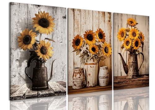 AOYUSMO 3 Piece Sunflower Wall Art Rustic Vintage Floral Canvas Wall Art Flower in Pitcher Pictures Wall Decor Farmhouse Art Prints for Kitchen Living Room Bedroom 12"x16" Framed