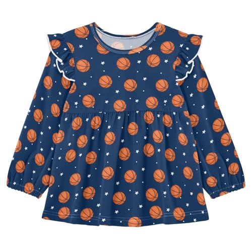 Basketball Star Space Navy Girls Shirts Cotton Long Sleeve Ruffle Toddler Tee Tops