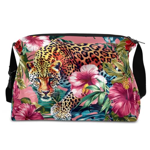 Leather Travel Duffle Bag for Women Men, Leopard Tropical Flower Floral Small Sports Gym Bag Weekender Overnight Bags Underseat Carry on Luggage Bags for Airplanes, Personal Item Travel Bag,B-9152