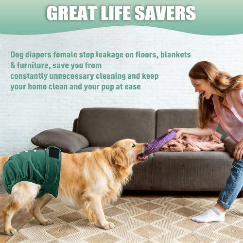 Image of Langsprit Female Dog Diapers for Doggie Puppy,Reusable Dog Period Diapers Female for Heat Peeing,Small Medium Large Doggy Diaper Washable,Dogs Pants 5 Pack, Blue Green Coffee, Medium