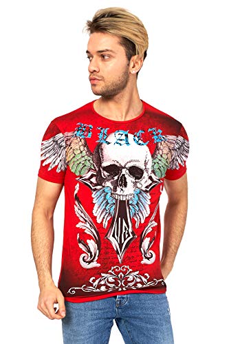 T-shirt à col rond avec strass - Coupe ajustée - Pour homme - Motif tête de mort - Rouge - Large Cover