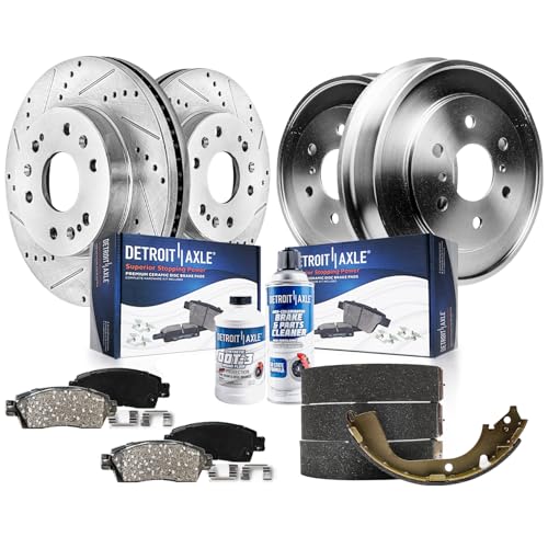 Image of Detroit Axle - Brake Kit for 2005 2006 2007 Chevy GMC Silverado Sierra 1500 | Front Drilled & Slotted Rotors Ceramic Brakes Pads and Rear Drums Semi-metallic Shoes Replacement