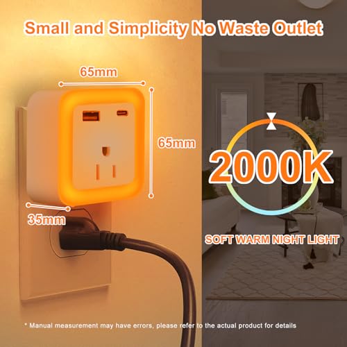 Image of JackonLux Night Lights Plug Into Wall 2 Pack Rechargeable Battery Backup Light Dusk to Dawn Sensor Night Light with Outlet Expander for Adults Kids Bedroom, Kitchen, and Bathroom (2, Amber, 2000K)