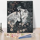 Wolfs Paint by Numbers for Adults Two White Wolfs in a Field of Flowers with a Full Moon Paint by Number Kits Abstract Artwork Paint by Numbers for Adults Beginner Wall Decor, 16'x 20' Unframed