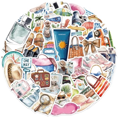50Pcs Watercolor Travel Stickers - Vintage Travel Journal Supplies Passport & Landmark Stickers for Scrapbooking - Wanderlust Aesthetic Sticker Pack(Watercolor Travel)