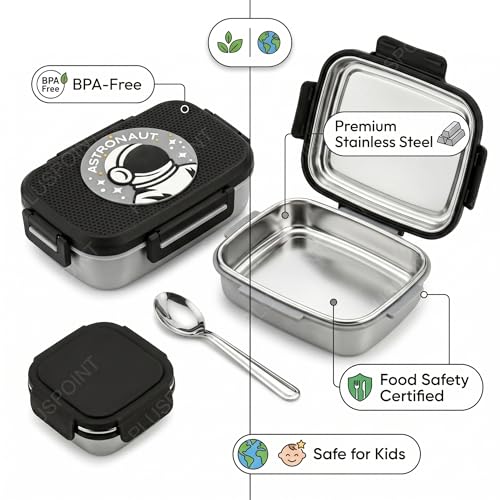 Image of PLUSPOINT Big Steel Lunch Box Space Theme Stainless Steel Lunch Box with Inner Separate Veg Box | Leak Proof and Break Resistant | Tiffin for Kids, Adults with Snap Lock | Ideal for Kids