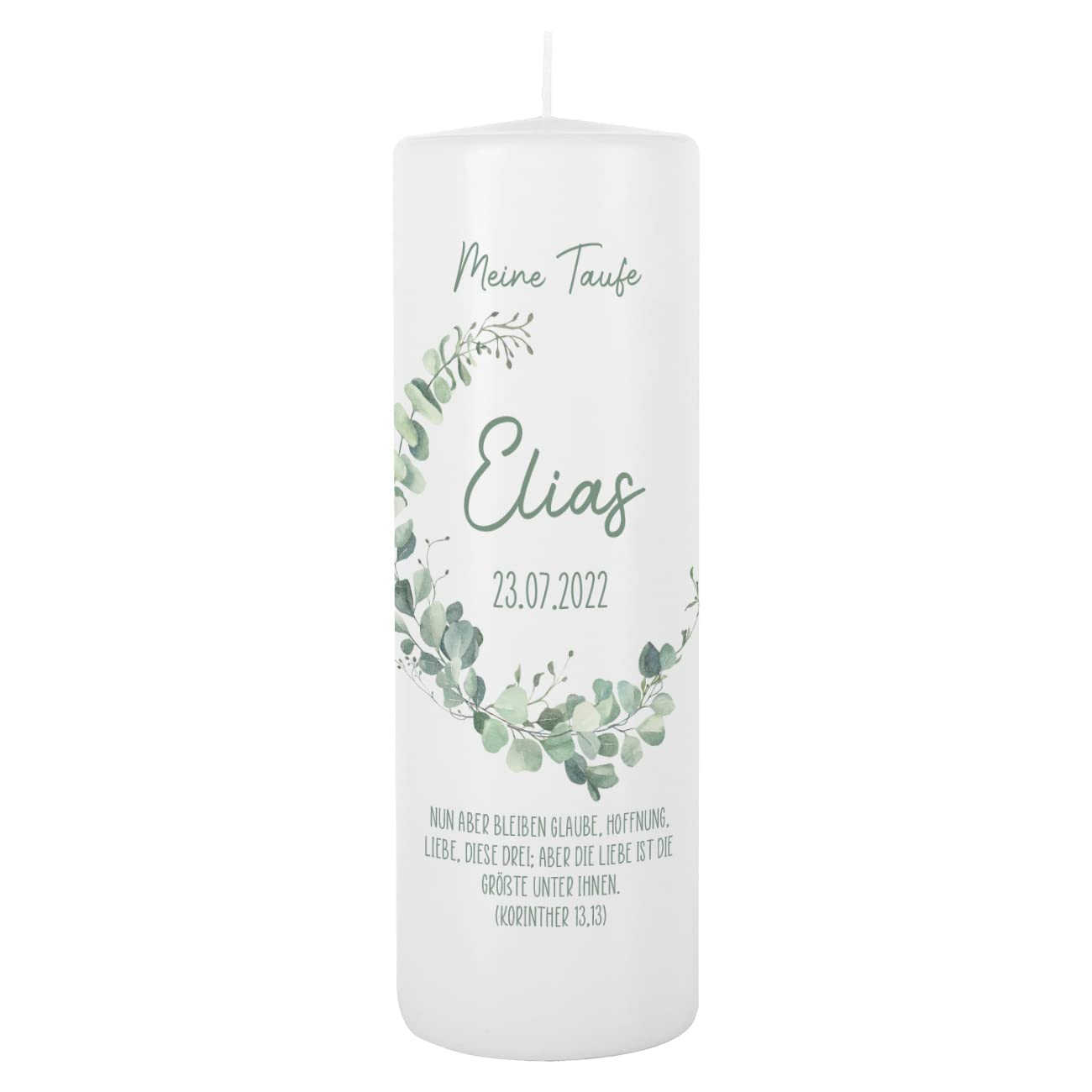 Striefchen® Taufkerze, 25 cm Höhe, verschiedene Motive, mit Ihren Wunschdaten personalisiert Eukalyptuszweig