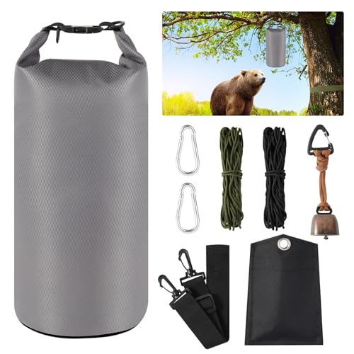 WSFSLJWDW Bear Bag for Camping, Grey Ultralight Food Hanging System Include Waterproof Bear Bag, Nylon Ropes, Carabiner Clip, Bear Bell for Backpacking, Hiking, Outdoor Activity