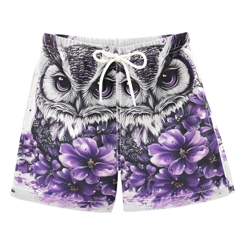 OREZI Boys Swim Trunk Purple Flowers Owl Bathing Suit Swim Shorts for Toddler Kids Teens