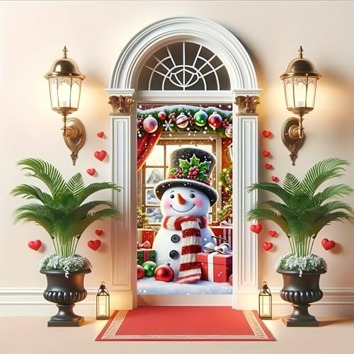 Image of BlissYard Christmas Door Cover 35x71 Inch Winter Snowman Door Banner Holiday Decoration Indoor Outdoor Christmas Backdrop Door Hanging for Porch Wall Home Party Seasonal Photo Background