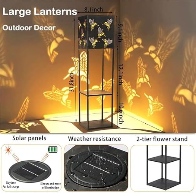 Large Solar Lanterns Outdoor Waterproof - 31inch Tall Lantern Decorative Hummingbird Projection Lights with 2 Tier Plant-Stand, Premium Metal, Solar Outdoor Lanterns for Patio Garden Yard Lawn Decor