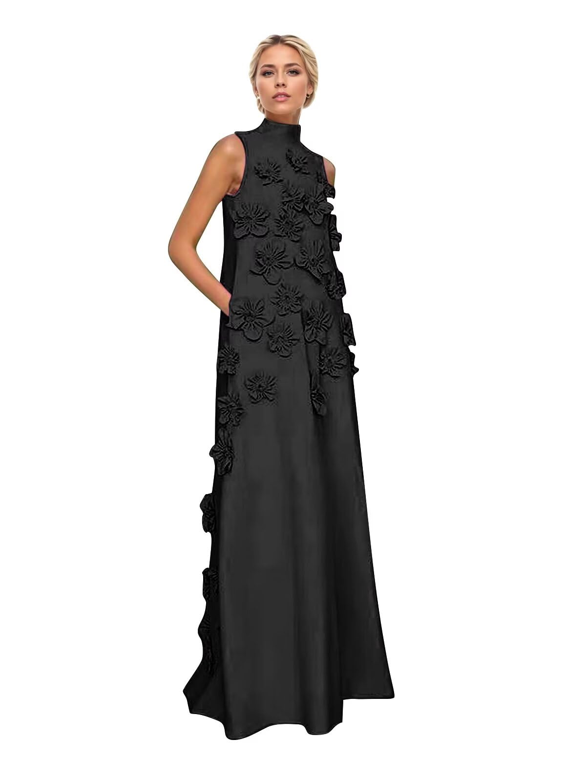 Ryanth 3d Flower Satin Mother Of The Bride Dresses For Women Long High Neck A Line Formal Wedding Guest Dress With Pockets Product Details