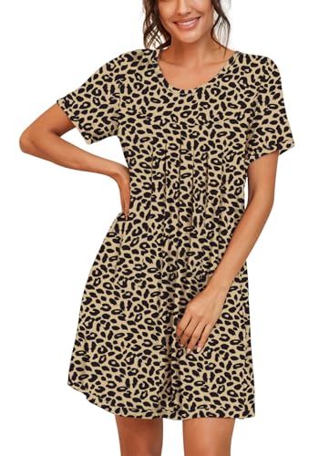 Image of PrinStory Nightgowns for Women Short Sleeve Night Gowns Pleated Sleep Shirt Ladies Nightshirt Soft Sleepwear