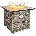 Outdoor Propane Fire Pit Table - CSA/ETL Certified Safe 50,000 BTU Pulse Ignition Weatherproof Square Wicker Propane Gas Fire Table w/Tile Tabletop Adjustable Flame - Glass Rocks