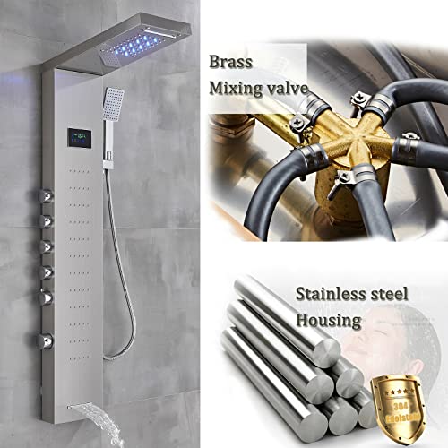 Sistema de Columna de Ducha LED en Níquel Cepillado con Cabezal de Lluvia y Boquillas de Masaje miniatura 2