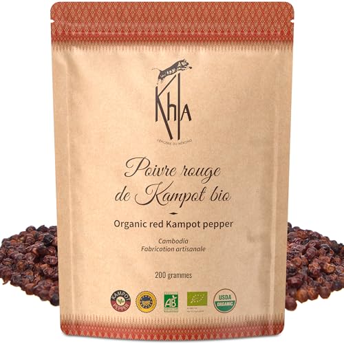Khla - Kampot Pfeffer Rot Bio 200g - Roter Pfefferkörner Ganz Biologisch - Grand Cru, Süß & Fruchtig - Zutat Küchen - Direkt vom Erzeuger - Rote Körner Ganze für Mühle - Aus Kambodscha