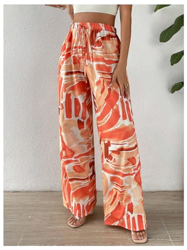 WDIRARA Women's Printed Wide Leg Palazzo Pants Drawstring Elastic High Waisted Trousers3