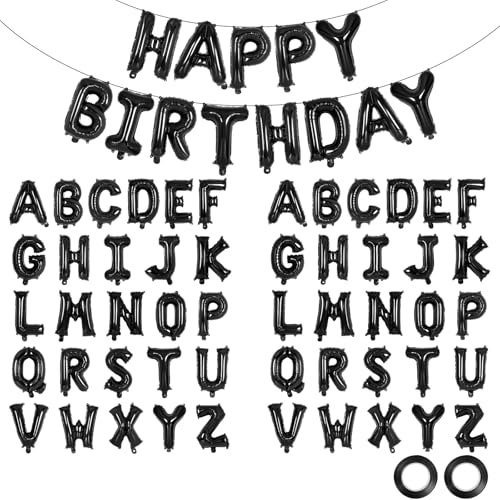 Image of 65 Pcs Black Happy Birthday Balloons, 2 Sets A-Z Black Letters Foil Balloons,16 Inch Personalized Name Happy Birthday Banners for Wedding Baby Shower Anniversary Party Decorations