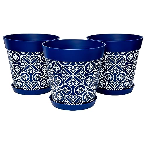 Hum Flowerpots set of 3 plastic, indoor/outdoor plant pots 25cm diameter and 3 saucers 19cm diameter (Moroccan Blue)