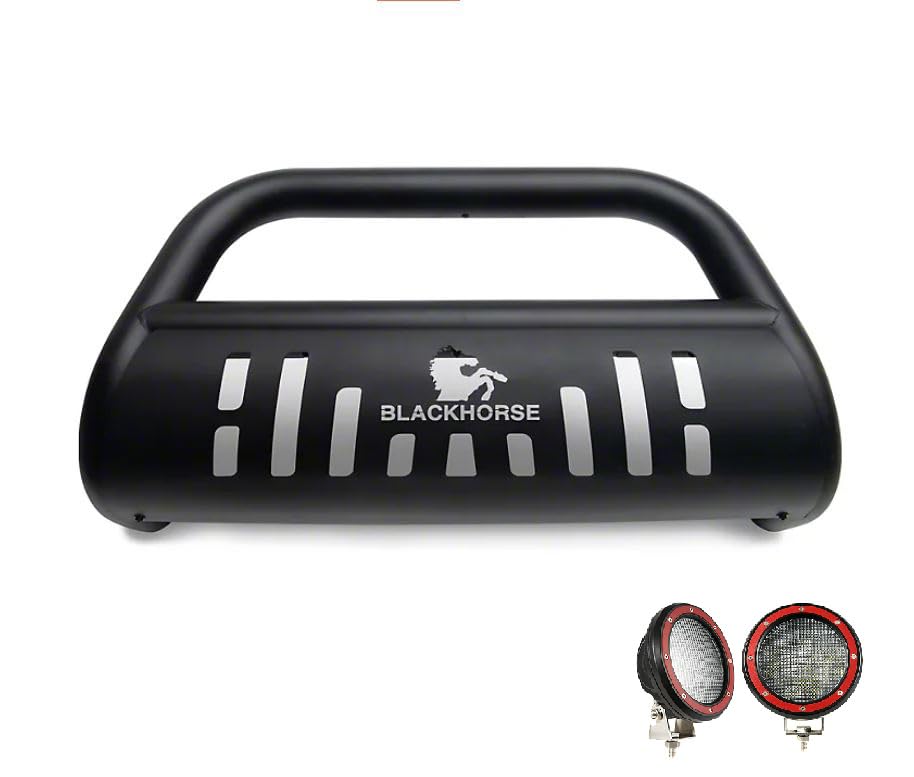 Image of Black Horse Bull Bar Incl. pair of 5.3 inchDia.LED Lights w / Red Trim Rings Skid Plate Matte Black Compatible with 2016-2023 Jeep Renegade-BBJPREA-SP-PLFR