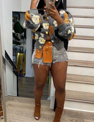 Flygo Women's Cropped Floral Print Bomber Jacket Warm Fleece Varsity Jacket Casual Button Down Puff Sleeve Coat Outerwear2