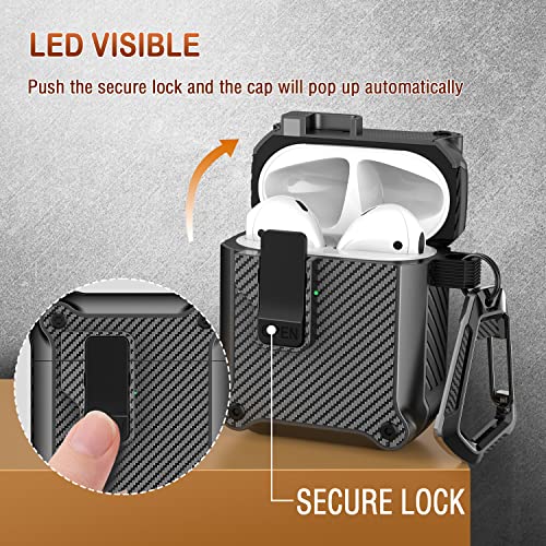 R-Fun Airpods Case Cover With Automatic Secure Lock Clip, Protective Rugged Hard Shell For Apple Airpods 2Nd & 1St Generation Charging Case With Carbon Fiber Keychain-Black #TOP1
