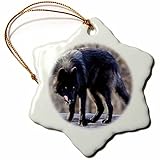 3dRose ORN_124330_1 Wolf, Black with Tongue Out Snowflake Ornament, Porcelain, 3'