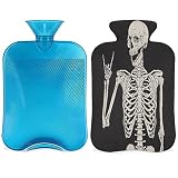 Borsa dell'acqua calda con teschio di scheletro umano con copertura soffice, 2 l, grande capacità, per notti accoglienti, sollievo dal dolore alla schiena, al collo e alle spalle