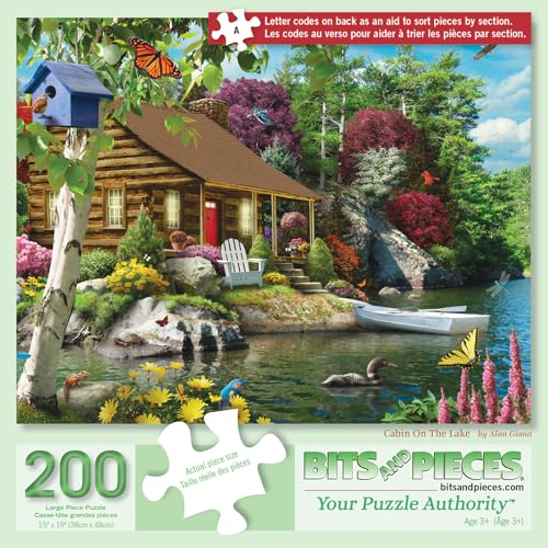 Rompecabezas de piezas grandes para adultos y mayores: Cabaña junto al lago, escena colorida de naturaleza (200 piezas) miniatura 1