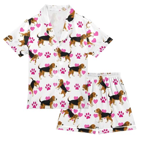 ALAZA Puppy Dog Footprint Cartoon Satin Pajamas Set Short Sleeve Button Down Sleepwear Summer Pjs 2 Piece