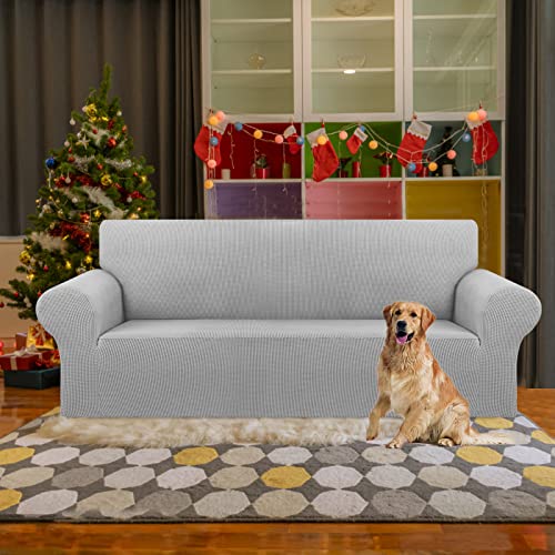 KEKUOU Stretch Sofa Cover Slipcover ,Couch Covers for 3 Cushion Couch Sofa pet Friendly (78"-94") Furniture Protector Sofa with Elastic Bottom for Kids,Dog, Jacquard Small Checked(Large,Silver)