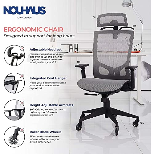 Nouhaus Ergotask – Ergonomic Task Chair, Computer Chair And Office Chair With Headrest. Rolling Swivel Chair With Rollerblade Wheels (Grey) #TOP1