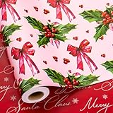 Yarcony Reversible Christmas Wrapping Paper Roll, Pink Girl Gift Wrapping Paper, Pink Holly Berry Bow Christmas Themed Decorative Gift Wrap Present for Holiday, Festive Celebration (17 In X 33 Ft)