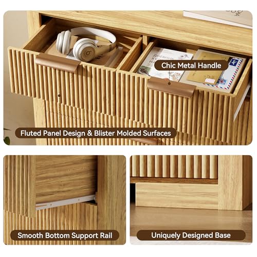 Image of Fluted 45'' Tall Kitchen Pantry Cabinet, Modern Food Storage Organizer with Metal Handle, Wood Coffee Bar Cabinet for Dining Room, Light Wood