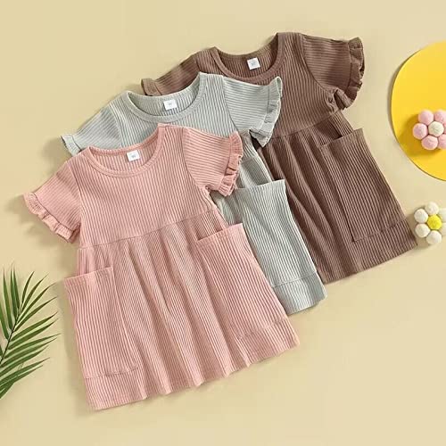 Toddle Baby Girls Dresses Short Sleeve Solid Casual A-Line Pleated Dress with Pockets Summer Cute (Brown, 3-4Years)2