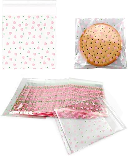 100 bolsas de celofán transparente con corazón rosa de San Valentín para suministros de panadería