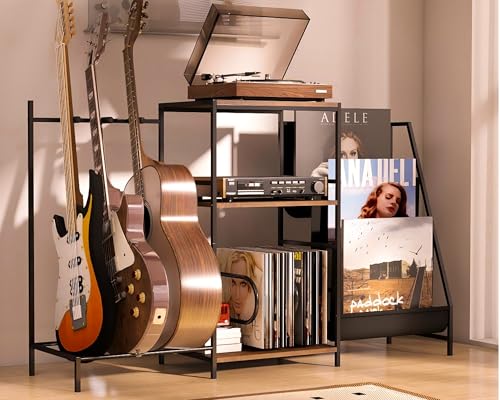 Multi-Guitar Stand & Record Player Stand with Storage Shelf, 3-in-1 Adjustable Black Guitar Rack for Acoustic/Electric Guitars & Bass, Vinyl Record Storage with Display Shelf, for Home Music Studio