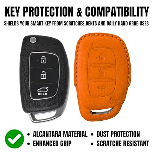 Image of KMH Alcantara Car Key Cover Compatible Hyundai Grand i10 NIOS Asta | Venue | i20 | Aura | Creta | Elantra 3 Button Shell Case Holder Full Key Protector Smart Keycover (D1) Orange - Pack of 1