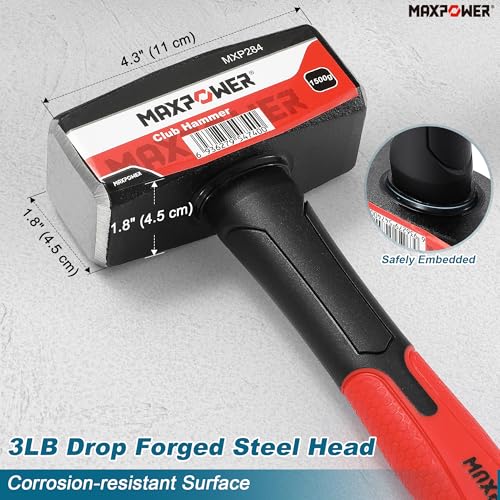 Image of MAXPOWER 3lb Club Hammer, Small Sledge Hammer with 9 inch Fiberglass Handle, Drop Forged Steel Head